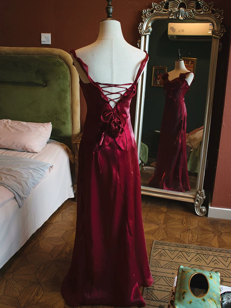 Robe de bal bordeaux sirène vintage années 1950, col en V, inspiration robe de soirée longue, tenue pour un 18e anniversaire AB2377