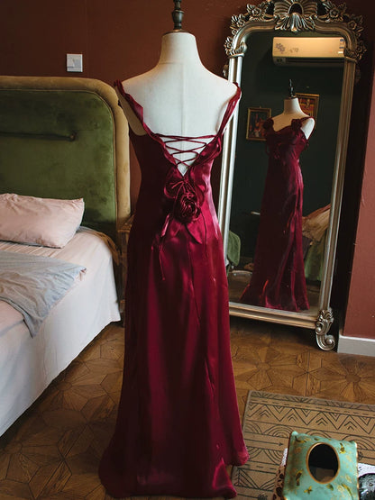 Robe de bal bordeaux sirène vintage années 1950, col en V, inspiration robe de soirée longue, tenue pour un 18e anniversaire AB2377
