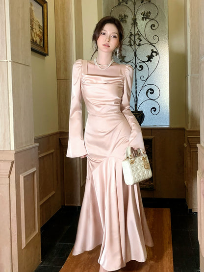 Robe de bal sirène modeste, col carré, manches longues, en satin rose, idéale pour un mariage ou un anniversaire de 16 ans (AB2446)