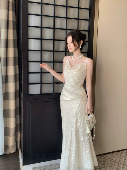 Robe de bal sirène élégante à fines bretelles en dentelle et mousseline, longueur cheville, idéale pour une soirée d'anniversaire ou une fête de 16 ans (AB2420)