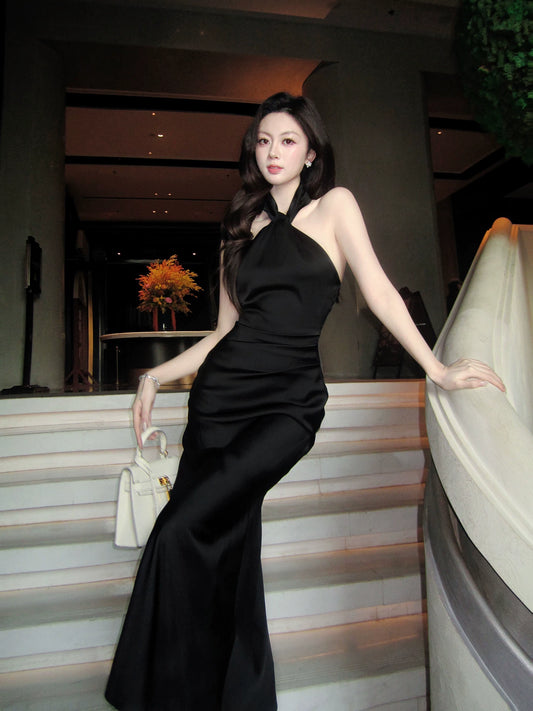 Elegantes, schwarzes Meerjungfrauen-Halterkleid, langes Abendkleid, Hochzeitsgastkleid, Outfit für den 20. Geburtstag AB2451