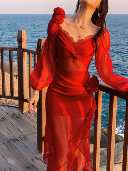 Robe de bal sirène modeste en satin rouge à manches longues et décolleté cœur, idéale pour un mariage ou un anniversaire de 16 ans (AB2447)