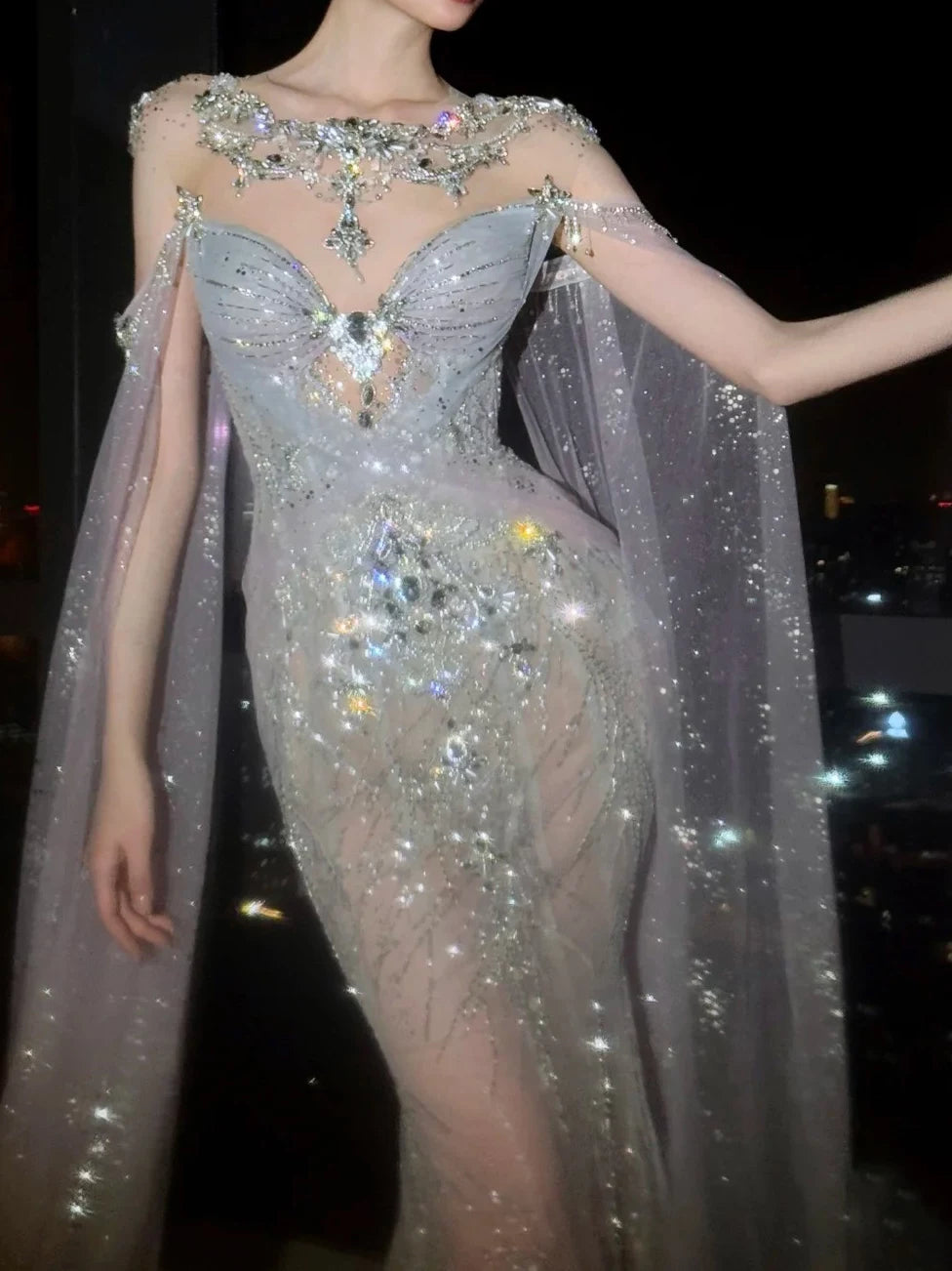 Robe de mariée sirène à paillettes, col rond, manches longues, cape, sequins gris argenté, robe de mariée cintrée AB2336