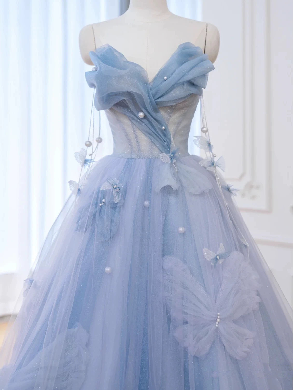 Robe de bal élégante en tulle bleu à décolleté cœur, longue robe de soirée formelle AB2318