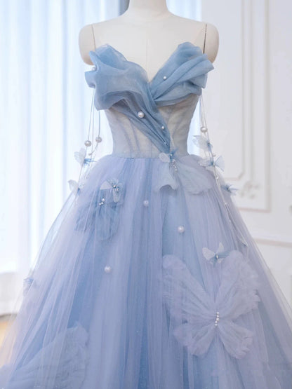 Robe de bal élégante en tulle bleu à décolleté cœur, longue robe de soirée formelle AB2318