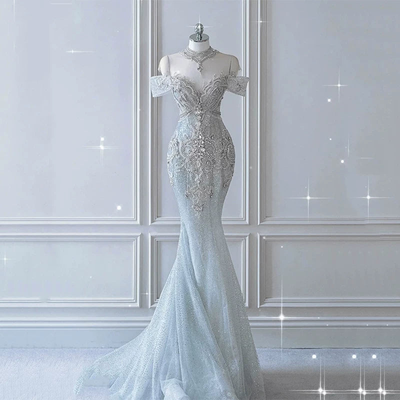 Glitzerndes Meerjungfrauen-Abendkleid, schulterfrei, Pailletten, langes Ballkleid, Partykleid, Outfit zum 21. Geburtstag AB2321