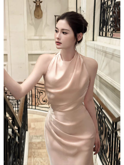 Robe de bal élégante rose sirène dos nu, longueur cheville, tenue de soirée pour les 17 ans et anniversaire AB2486