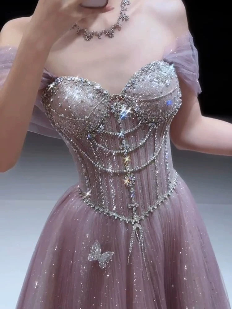Robe de bal longue à paillettes roses, bustier et coupe trapèze, inspiration pour une soirée d'anniversaire de 20 ans (AB2253)