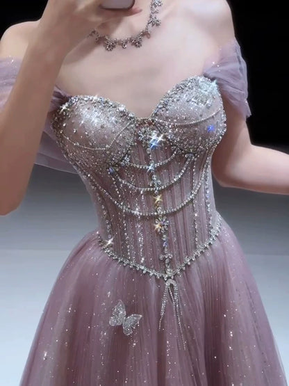 Robe de bal longue à paillettes roses, bustier et coupe trapèze, inspiration pour une soirée d'anniversaire de 20 ans (AB2253)