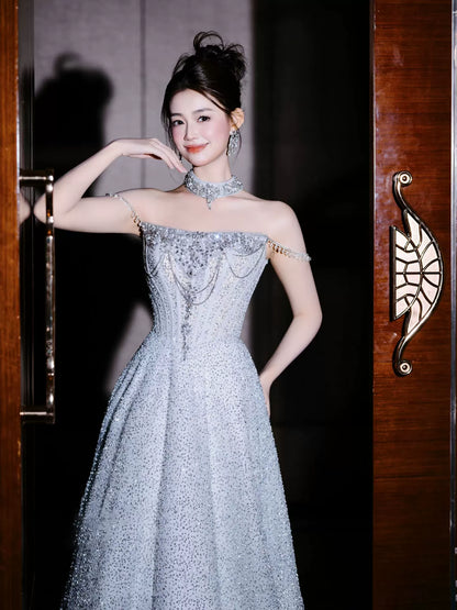 Robe de bal princesse bustier bleu à sequins, inspiration robe de soirée longue, tenue pour un 20e anniversaire AB2251