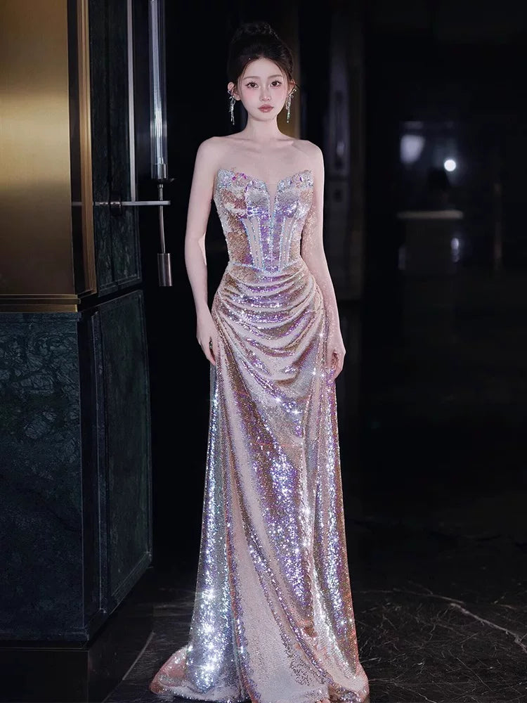 Robe de bal sirène sans bretelles à sequins et corsage perlé, inspiration robe de soirée longue, tenue pour un 20e anniversaire AB2249