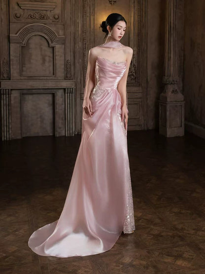 Robe de bal sirène rose à paillettes sans bretelles, inspiration robe de soirée longue pour un 19e anniversaire AB2261