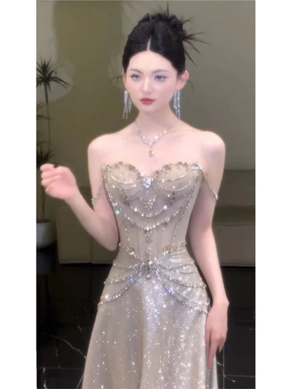 Inspiration robes de bal longues à paillettes, coupe trapèze, sans bretelles, style A, pour un 19e anniversaire (AB2259)