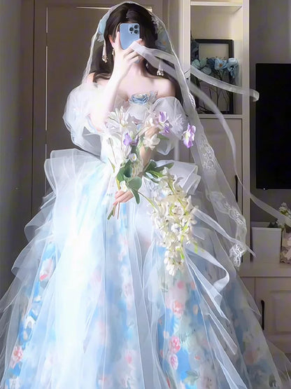 Robe de bal unique bleue à épaules dénudées et manches courtes - Inspiration robes de soirée - Tenues pour un 16e anniversaire AB2257