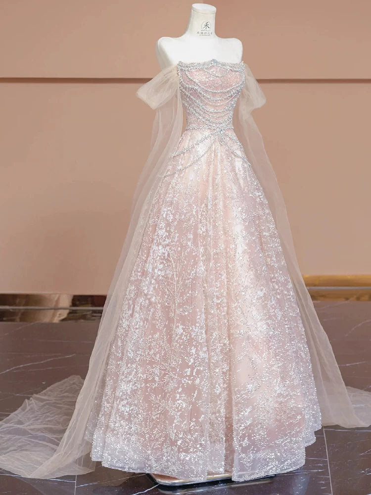 Robe de bal rose unique à épaules dénudées et manches courtes - Inspiration robes de soirée et tenues pour un 20e anniversaire AB2256