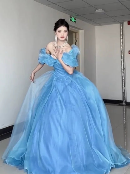 Prinzessinnen-Ballkleid, schulterfrei, blau, Inspiration für lange Party-Nachtkleider, Outfits zum 20. Geburtstag AB2240