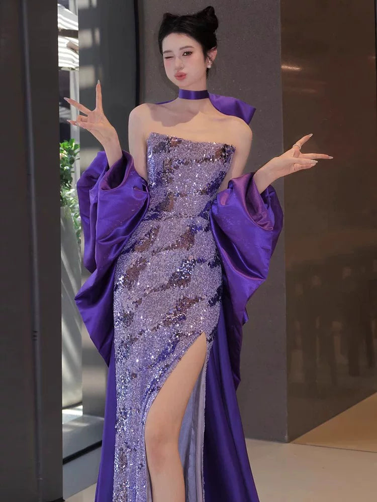 Robe de bal sirène bustier à paillettes violettes, inspiration robe de soirée longue, tenue pour un 20e anniversaire AB2258