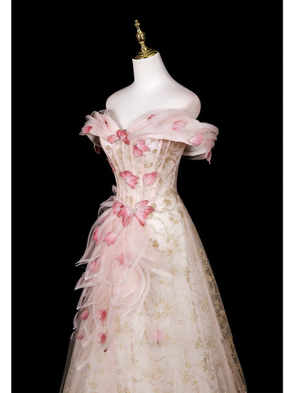 Robe de bal de princesse à épaules dénudées en tulle rose, inspiration pour une longue soirée, tenue pour un 20e anniversaire AB2236