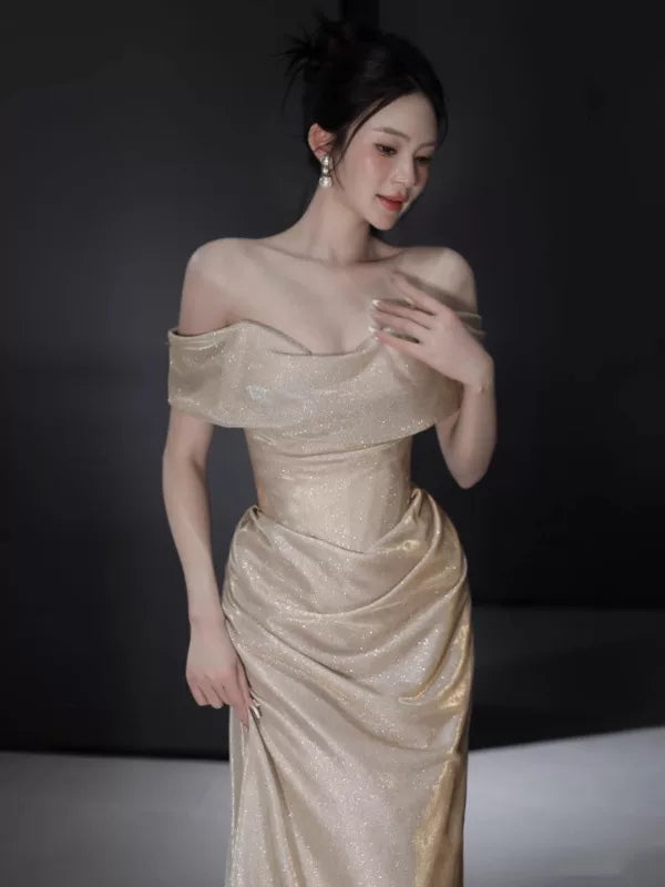 Robe de bal sirène sexy à épaules dénudées, longue robe à sequins couleur champagne, robe de soirée, tenue pour un 16e anniversaire, robe de remise de diplôme AB2244