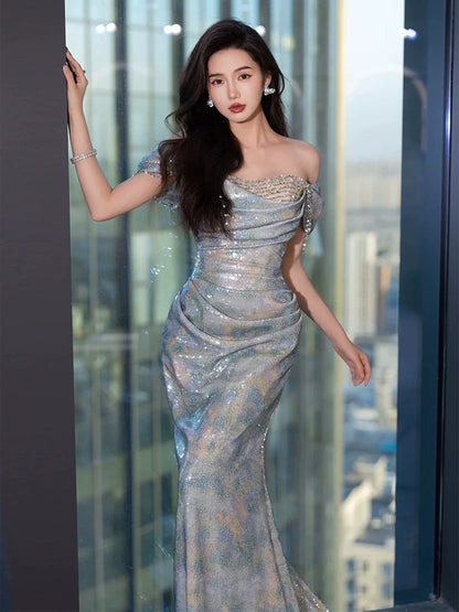 Robe de bal sirène unique à épaules dénudées bleue, inspiration robe de soirée longue, tenue pour un 20e anniversaire AB2246