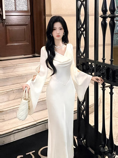 Robe de bal sirène sexy en satin blanc, col bénitier, longueur cheville, robe d'invitée de mariage, tenue pour un 20e anniversaire AB2483