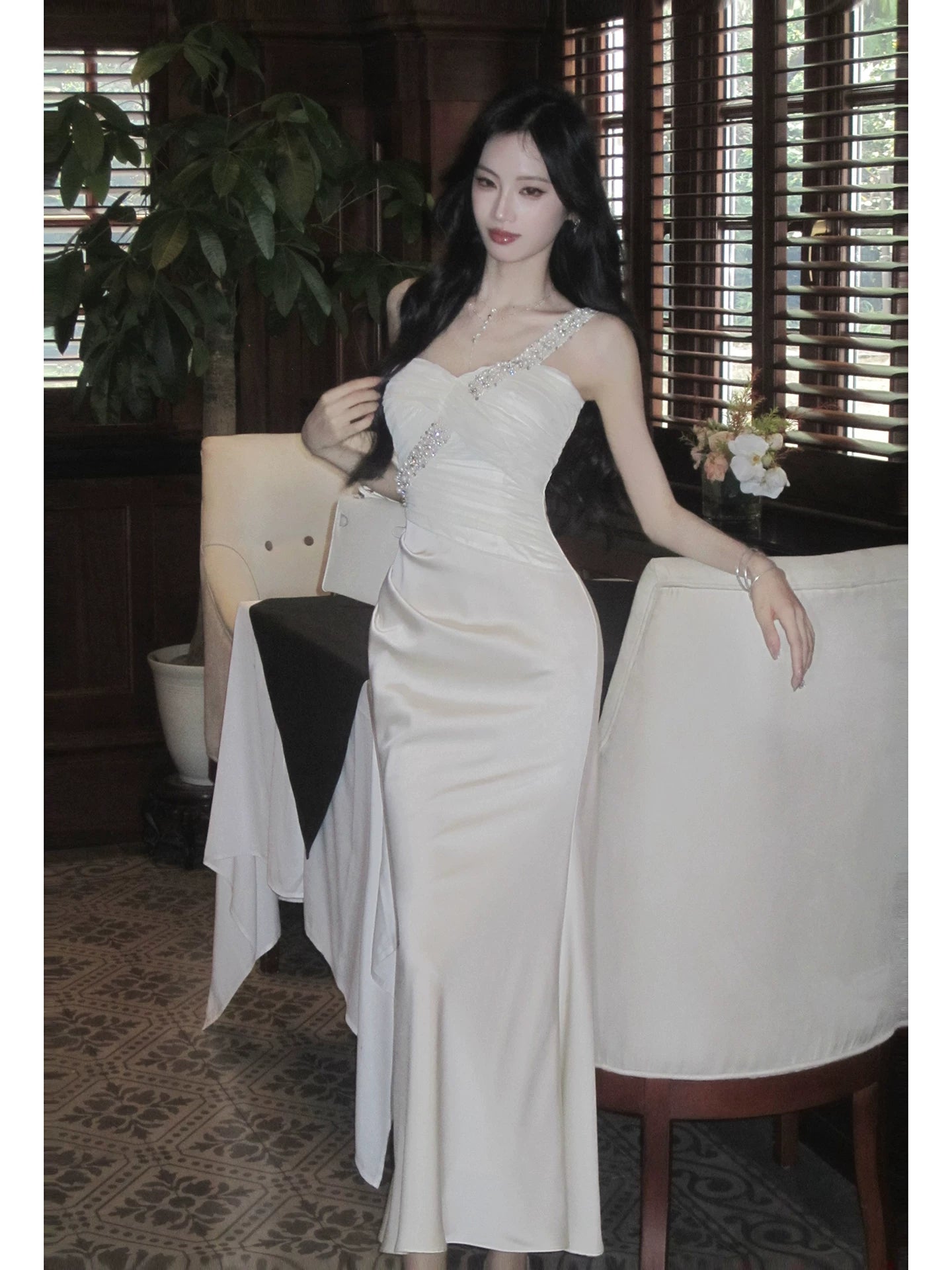 Classy Mermaid One Shoulder White With Beaded Satin Ankle Length Pleated Prom Dress Aesthetic Graduation Birthday Outfits N097