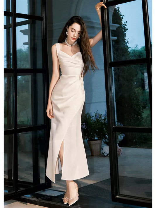 Sexy Etuikleid aus weißem Satin, knöchellang, ideal für Abschlussball, Hochzeit oder als Outfit für den 22. Geburtstag (AB2509)