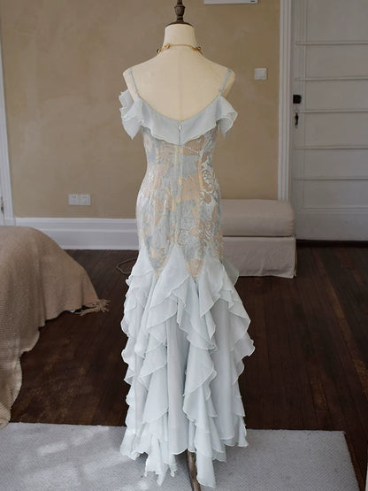 Robe de bal sirène vintage années 1960, bretelles spaghetti, mousseline bleu ciel clair, inspiration robe de soirée longue, tenue pour un 18e anniversaire AB2388