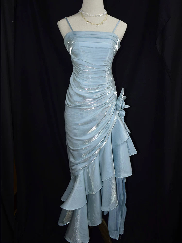 Robe de bal vintage asymétrique à fines bretelles, inspiration robe de soirée longue rétro pour un 20e anniversaire AB2340