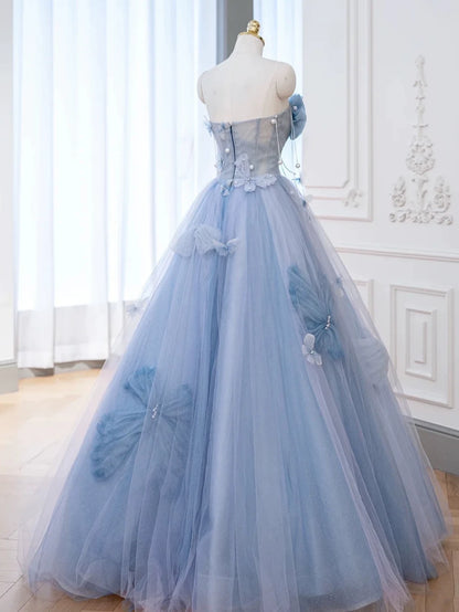 Robe de bal élégante en tulle bleu à décolleté cœur, longue robe de soirée formelle AB2318