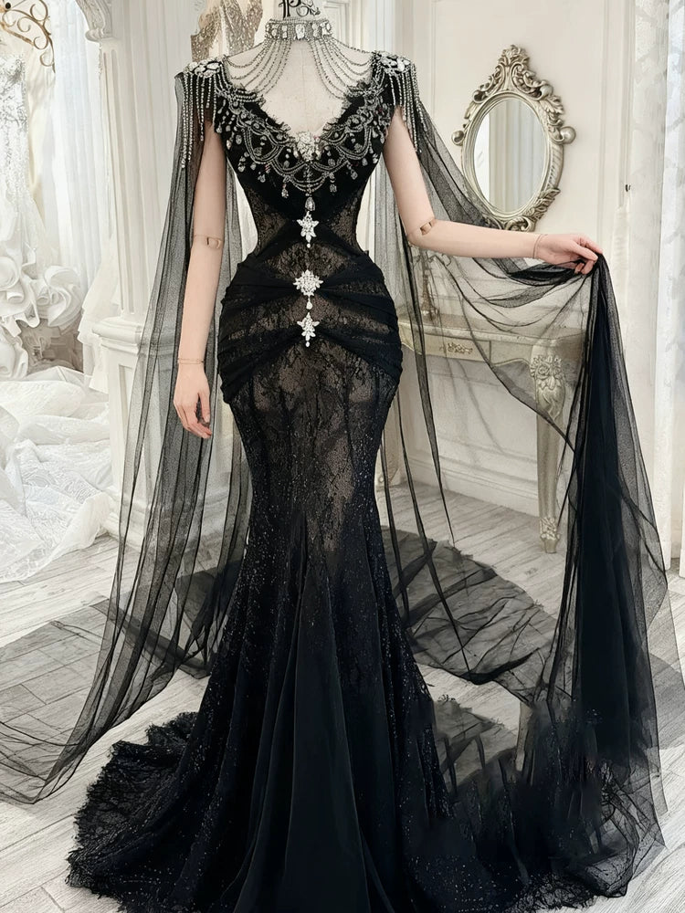 Robe de bal modeste, inspiration sirène, col en V, tulle noir, manches longues, cape, robe de soirée longue AB2337