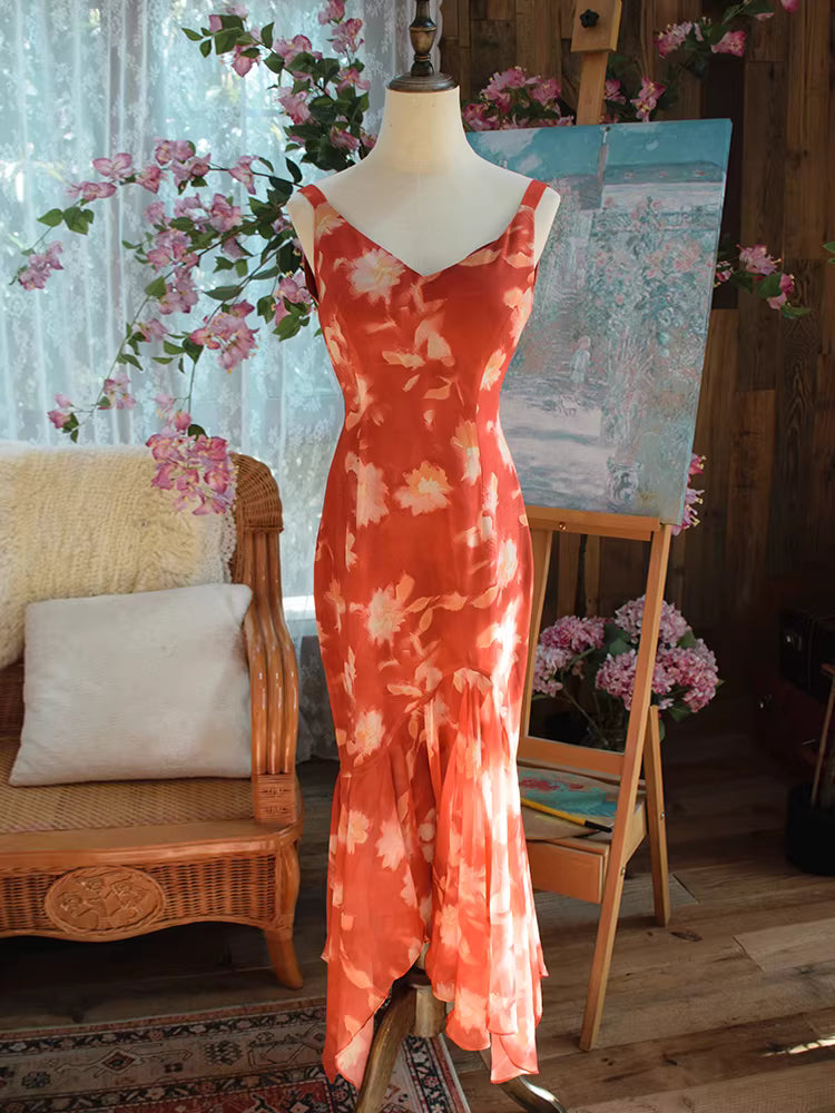 Robe de bal vintage années 1950, sirène, col en V, en mousseline à fleurs avec foulard, inspiration robe de soirée longue, tenue pour un 18e anniversaire AB2378