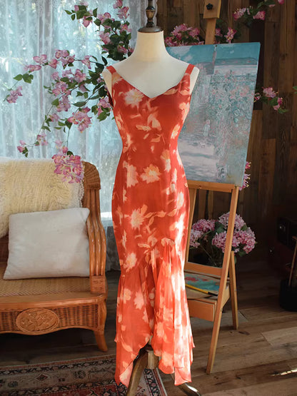 Robe de bal vintage années 1950, sirène, col en V, en mousseline à fleurs avec foulard, inspiration robe de soirée longue, tenue pour un 18e anniversaire AB2378