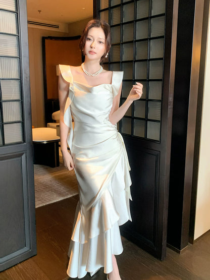 Robe de bal élégante sirène en satin soyeux blanc, col carré, longueur cheville, idéale pour une soirée d'anniversaire ou un 16e anniversaire (AB2423)