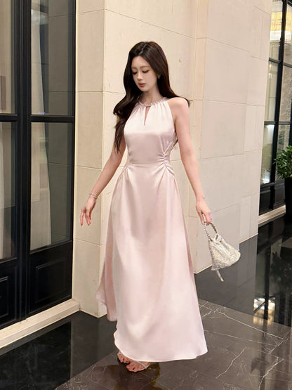 Robe de bal sexy en satin rose satiné, coupe trapèze, col rond, idéale pour un mariage ou un 20e anniversaire (AB2468)