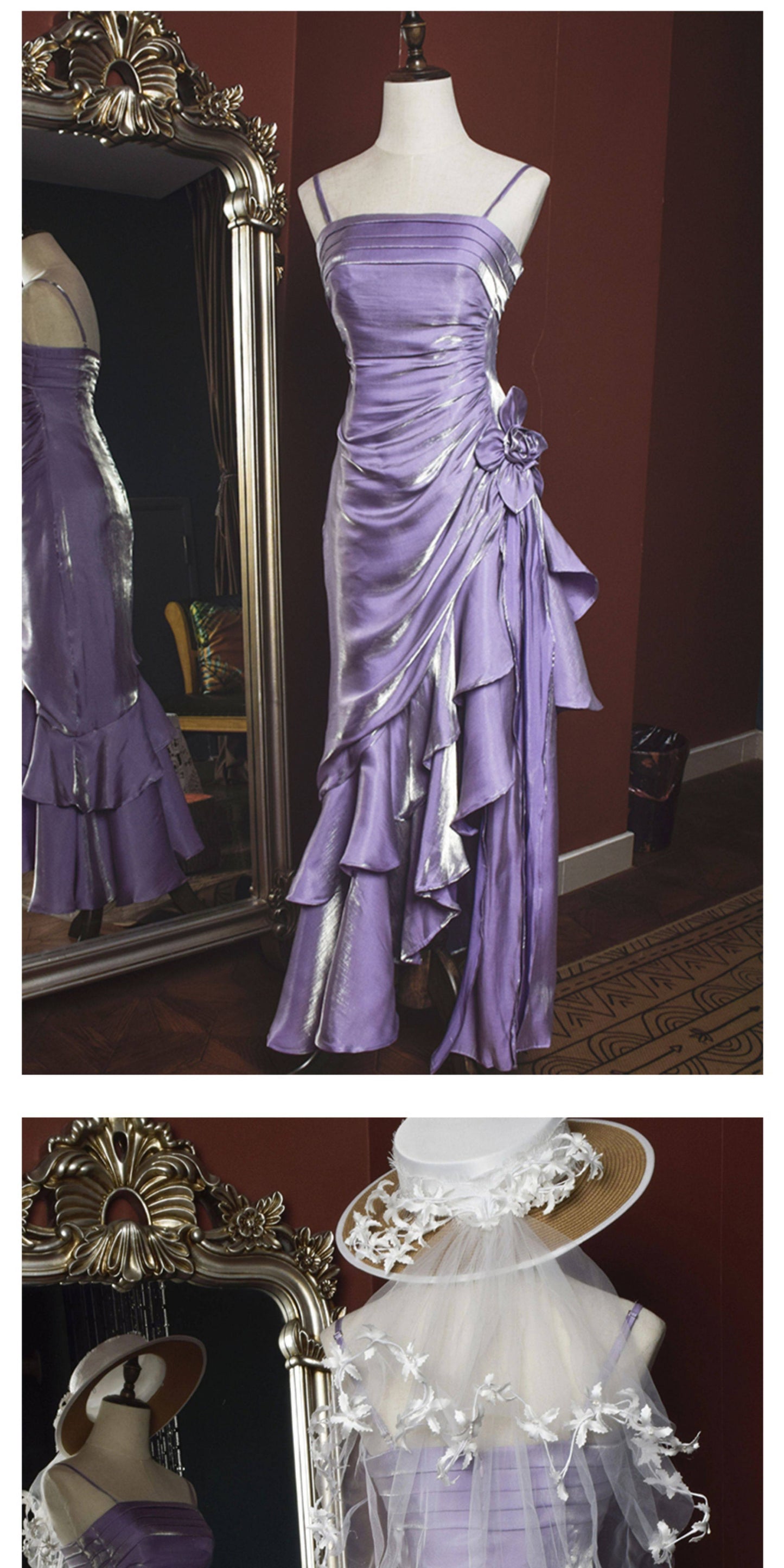 Robe de bal vintage années 1950, bretelles spaghetti asymétriques, inspiration robe de soirée longue rétro, tenue pour un 18e anniversaire AB2342