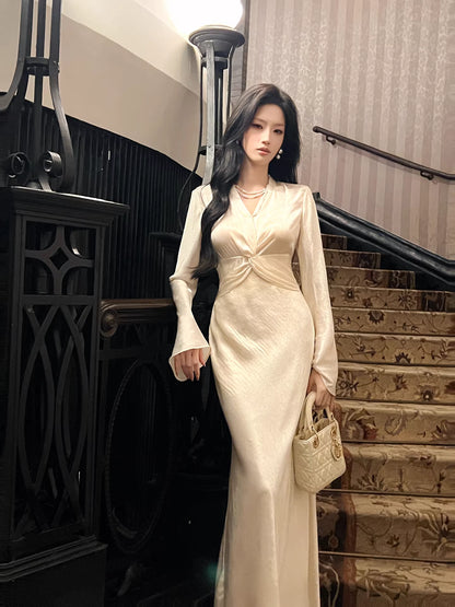 Robe de bal sirène sexy en satin blanc, col en V, longueur cheville, robe d'invitée de mariage, tenue pour un 22e anniversaire AB2490