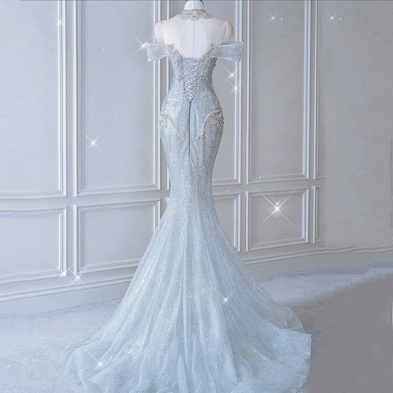 Glitzerndes Meerjungfrauen-Abendkleid, schulterfrei, Pailletten, langes Ballkleid, Partykleid, Outfit zum 21. Geburtstag AB2321