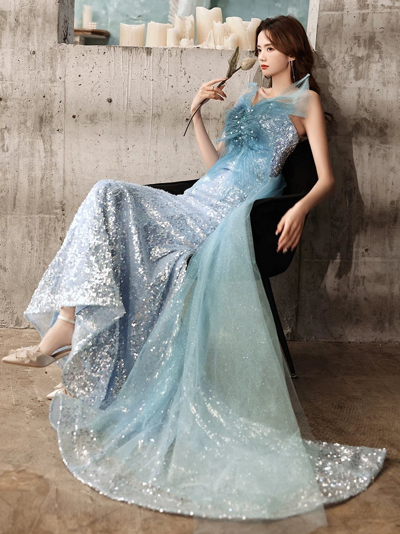 Elegantes, trägerloses, blaues Pailletten-Abendkleid im Meerjungfrauenstil – Inspiration für lange Partys und den 20. Geburtstag AB2329