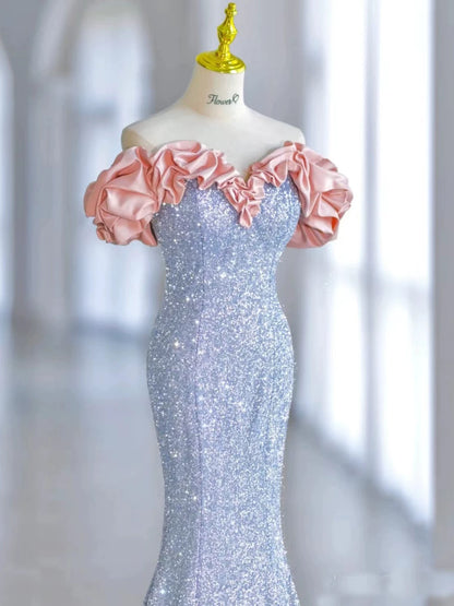 Robe de bal sirène élégante à épaules dénudées et sequins bleus, inspiration robe de soirée longue pour un 19e anniversaire AB2299