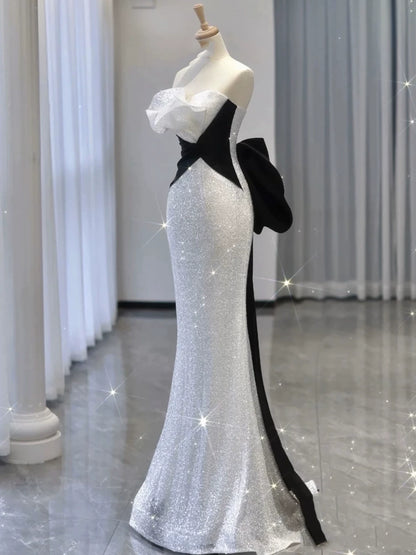 Robe de bal sirène élégante sans bretelles à sequins blancs, inspiration robe de soirée longue pour un 19e anniversaire AB2306