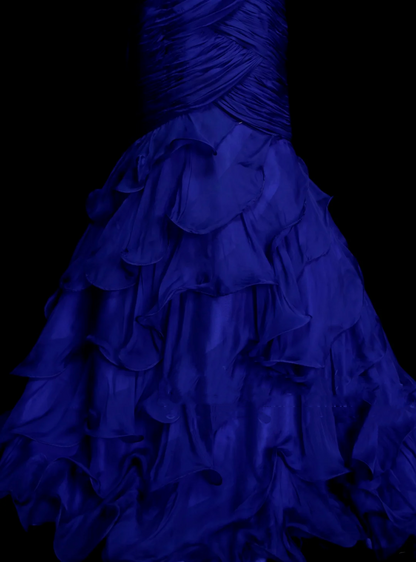 Meerjungfrauen-Abendkleid aus königsblauem Tüll mit asymmetrischem Saum, Falten und Raffungen, langes Partykleid für Damen OB002