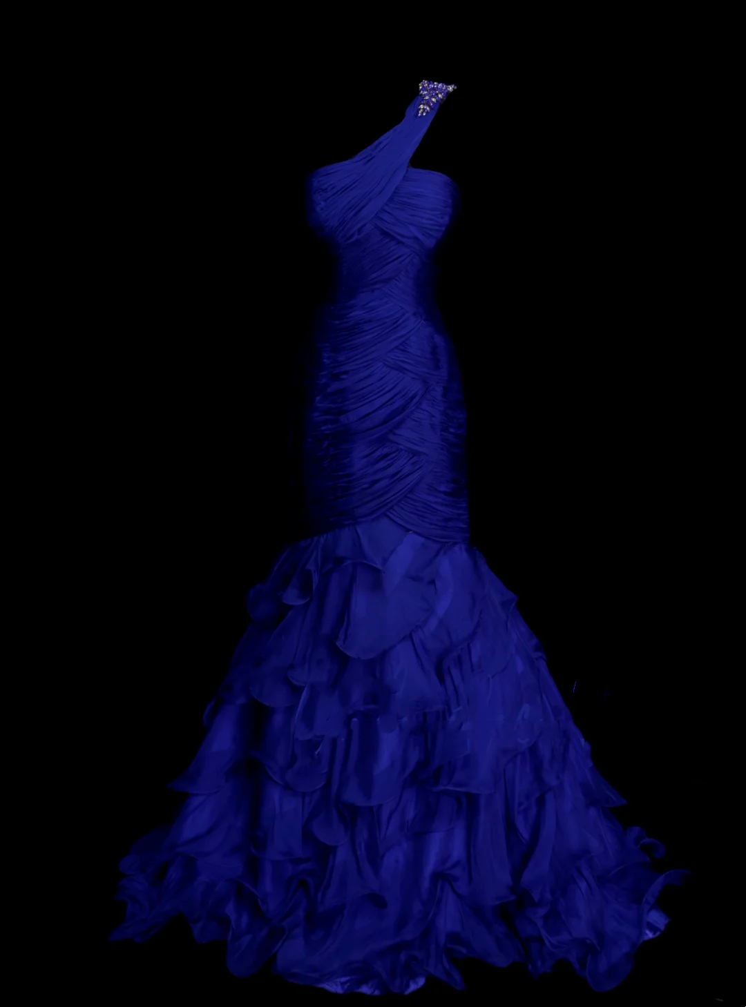 Meerjungfrauen-Abendkleid aus königsblauem Tüll mit asymmetrischem Saum, Falten und Raffungen, langes Partykleid für Damen OB002