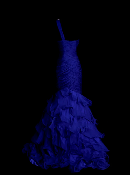 Meerjungfrauen-Abendkleid aus königsblauem Tüll mit asymmetrischem Saum, Falten und Raffungen, langes Partykleid für Damen OB002