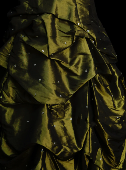 Bezauberndes, trägerloses Ballkleid aus olivgrünem Taft mit Perlenstickerei, langes Abendkleid für Damen OB003