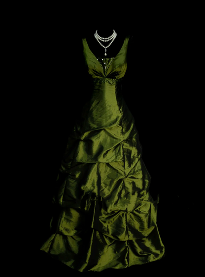 Elegantes Ballkleid mit V-Ausschnitt, olivgrünem Taft und Perlenstickerei, langes Abendkleid, trendiges Partykleid für Damen OB005