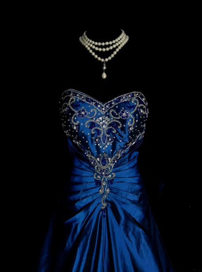 Robe de bal élégante en taffetas bleu roi à décolleté cœur et perles dorées, robe de soirée tendance pour femme OB007