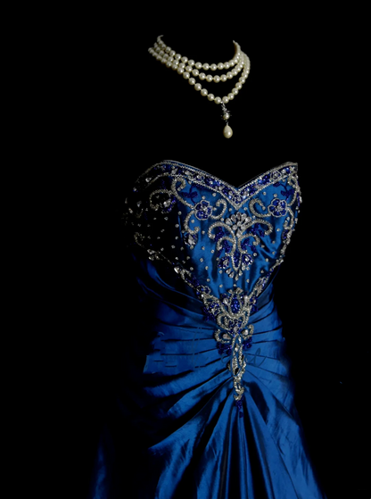 Robe de bal élégante en taffetas bleu roi à décolleté cœur et perles dorées, robe de soirée tendance pour femme OB007
