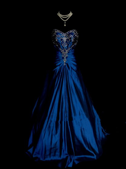 Robe de bal élégante en taffetas bleu roi à décolleté cœur et perles dorées, robe de soirée tendance pour femme OB007