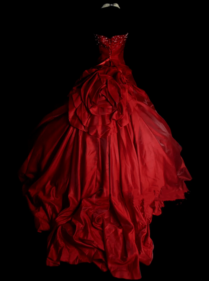 Robe de bal bustier unique en satin rouge bordeaux à plusieurs volants, robe de quinceañera longue pour les 15 ou 16 ans (OB010)